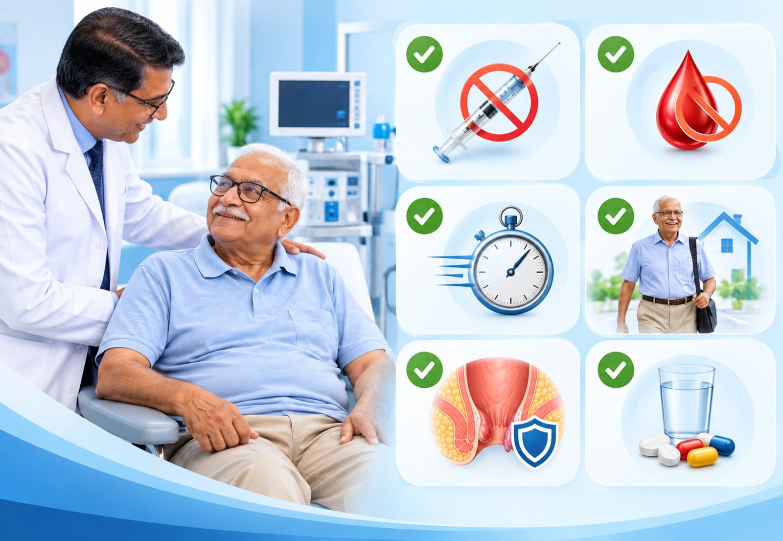 Doctor consulting an elderly patient about piles treatment at a clinic in Rohini, Delhi.